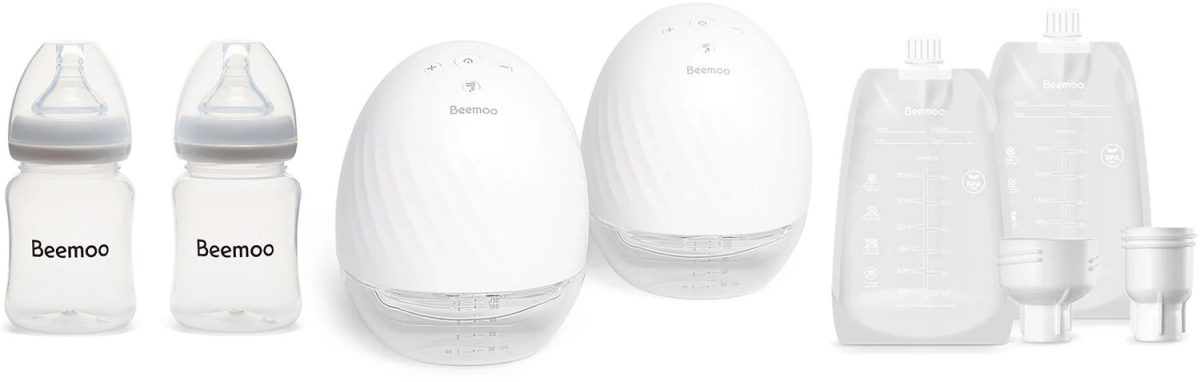 Beemoo CARE Wearable Elektrisk Bröstpump Dubbel inkl. Bröstmjölkspåsar &  Bröstmjölksflaska 180 ml 2-pack