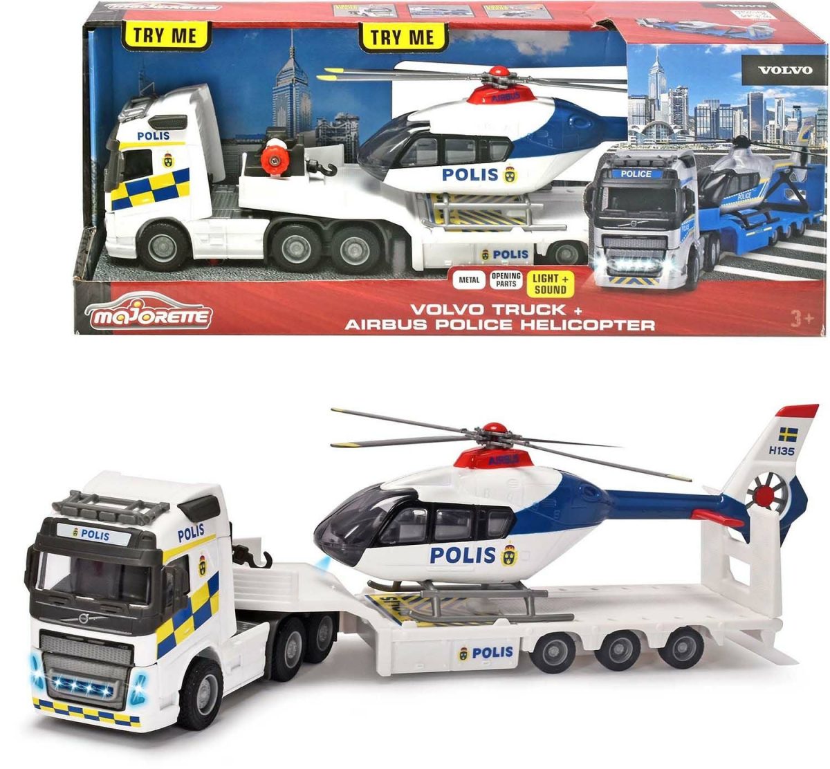 Majorette Grand Series Volvo FH-16 Svensk Polisbil med Helikopter|